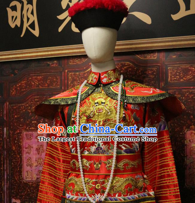 China Ancient Monarch Embroidered Wedding Dragon Robe Traditional Emperor Red Imperial Robe Qing Dynasty Manchu Lord Historical Garment Costume