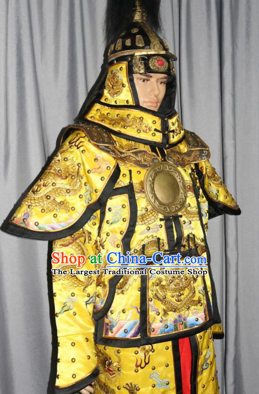 China Ancient Emperor Qianlong Yellow Armor Suits Traditional Manchu General Clothing Qing Dynasty Marshal Garment Costume