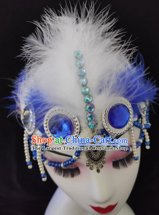 China Minority Dance Blue Headband Mongolian Ethnic Performance Feather Headpieces Mongol Nationality Folk Dance Hair Accessories