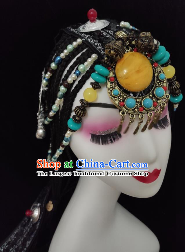 China Zang Nationality Folk Dance Hair Accessories Minority Dance Braids Hairpieces Tibetan Ethnic Performance Headdress