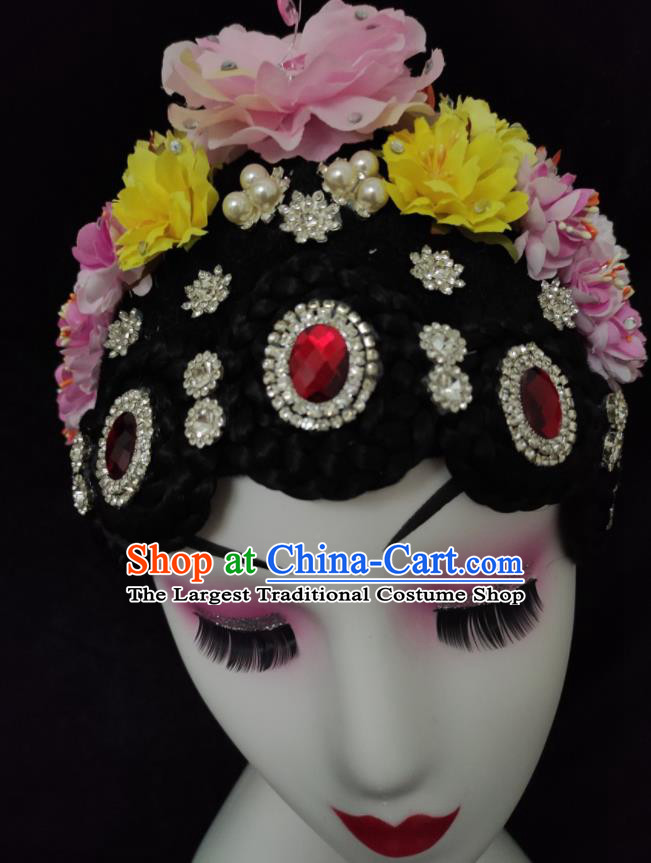 Chinese Stage Performance Hairpieces Classical Dance Headdress Opera Dance Wigs Chignon Woman Group Dance Hair Accessories