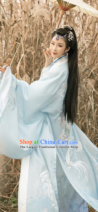 China Jin Dynasty Swordswoman Garment Costumes Ancient Young Beauty Clothing Traditional Blue Hanfu Dress