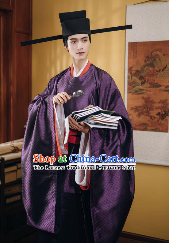China Ancient Official Garment Costume Traditional Hanfu Purple Robe Vestment Song Dynasty Chancellor Clothing