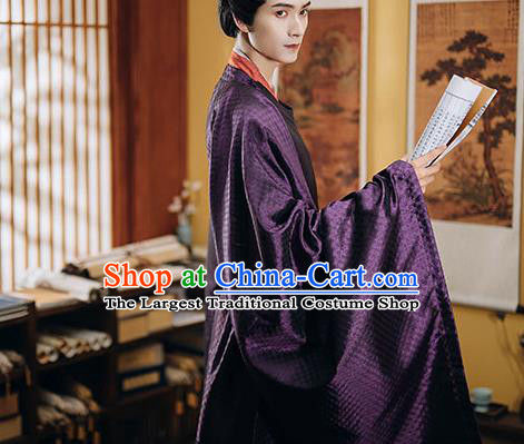 China Ancient Official Garment Costume Traditional Hanfu Purple Robe Vestment Song Dynasty Chancellor Clothing