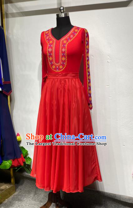 Chinese Uyghur Nationality Dance Clothing Xinjiang Ethnic Performance Costume Woman Dance Garments Uighur Minority Red Dress Outfits