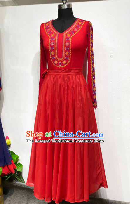 Chinese Uyghur Nationality Dance Clothing Xinjiang Ethnic Performance Costume Woman Dance Garments Uighur Minority Red Dress Outfits