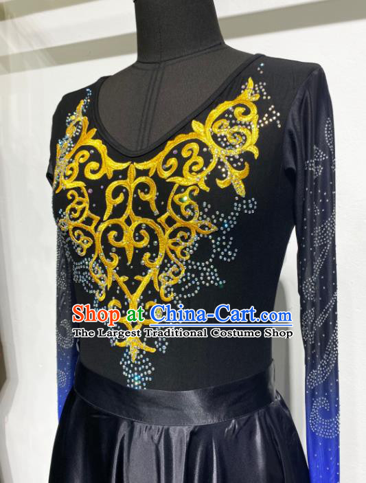 Chinese Xinjiang Ethnic Performance Costume Woman Dance Garments Uyghur Minority Deep Blue Dress Outfits Uighur Nationality Dance Clothing