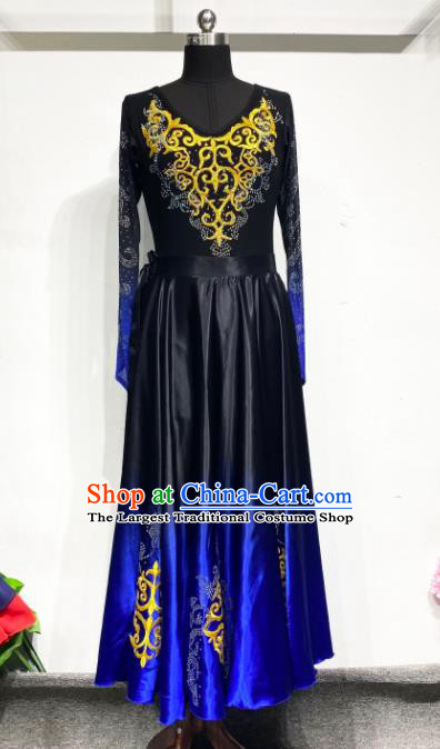 Chinese Xinjiang Ethnic Performance Costume Woman Dance Garments Uyghur Minority Deep Blue Dress Outfits Uighur Nationality Dance Clothing