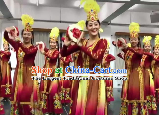 Chinese Uyghur Minority Rosy Dress Outfits Uighur Nationality Dance Clothing Xinjiang Ethnic Performance Costume Woman Dance Garments