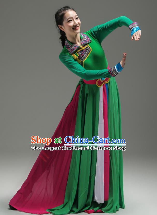 Chinese Mongolian Minority Green Dress Outfits Mongol Nationality Dance Clothing Ethnic Performance Costume Woman Dance Garments