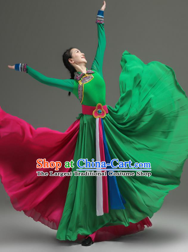 Chinese Mongolian Minority Green Dress Outfits Mongol Nationality Dance Clothing Ethnic Performance Costume Woman Dance Garments