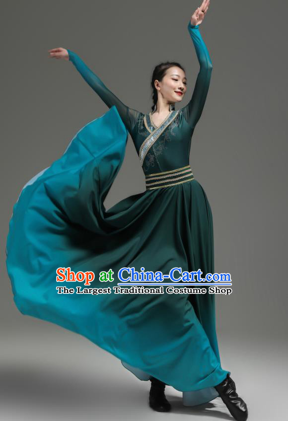 Chinese Woman Dance Garments Mongolian Minority Atrovirens Dress Outfits Mongol Nationality Dance Clothing Ethnic Performance Costume