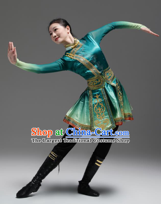 Chinese Ethnic Folk Dance Costume Woman Performance Garments Mongolian Minority Green Dress Outfits Mongol Nationality Clothing