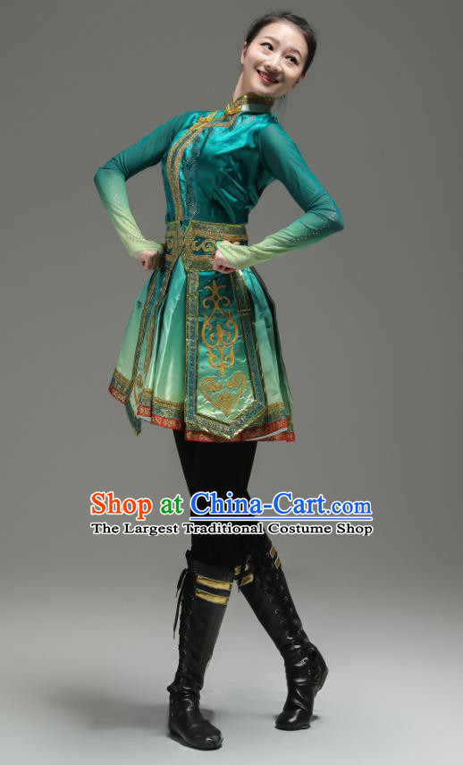 Chinese Ethnic Folk Dance Costume Woman Performance Garments Mongolian Minority Green Dress Outfits Mongol Nationality Clothing