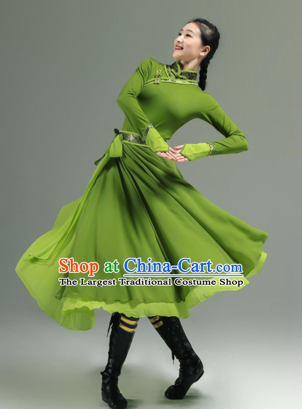 Chinese Ethnic Woman Performance Garments Mongolian Minority Green Dress Outfits Mongol Nationality Clothing Folk Dance Costume