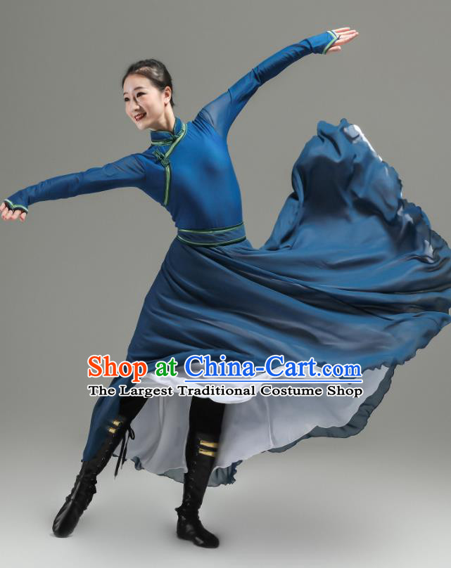 Chinese Folk Dance Costume Ethnic Woman Performance Garments Mongolian Minority Navy Dress Outfits Mongol Nationality Clothing