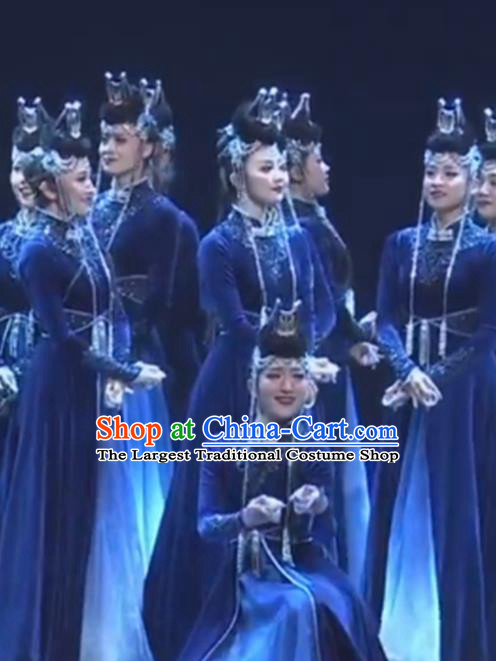 Chinese Woman Dance Garments Mongolian Minority Navy Dress Outfits Mongol Nationality Dance Clothing Ethnic Performance Costume