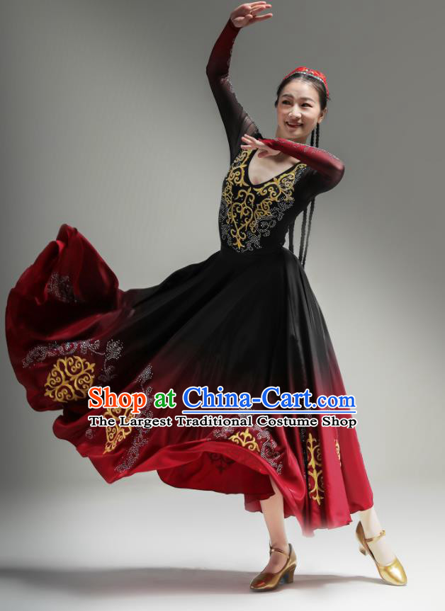 Chinese Uighur Nationality Dance Clothing Xinjiang Dance Costumes Ethnic Woman Garments Uyghur Minority Performance Red Dress Outfits