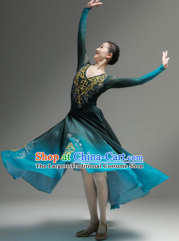 Chinese Uyghur Minority Performance Atrovirens Dress Outfits Uighur Nationality Dance Clothing Xinjiang Dance Costumes Ethnic Woman Garments