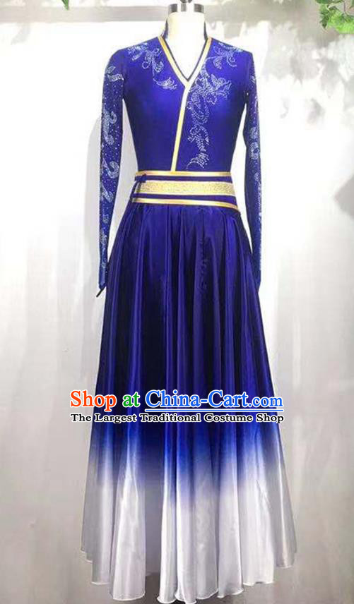 Chinese Mongolian Nationality Dance Clothing Stage Performance Garment Costumes Ethnic Woman Dance Outfits Mongol Minority Performance Blue Dress