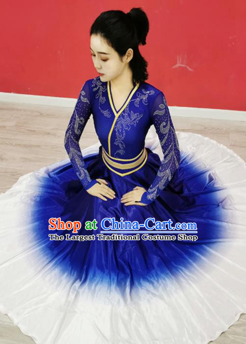 Chinese Mongolian Nationality Dance Clothing Stage Performance Garment Costumes Ethnic Woman Dance Outfits Mongol Minority Performance Blue Dress
