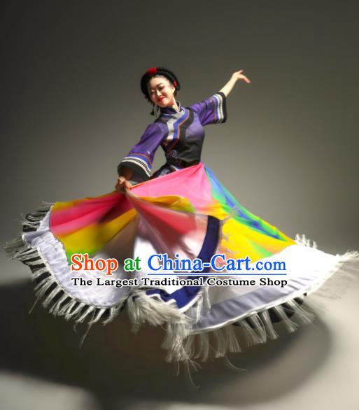Chinese Ethnic Woman Dance Outfits Yi Minority Festival Dress Xiangxi Nationality Dance Clothing Stage Performance Garment Costumes
