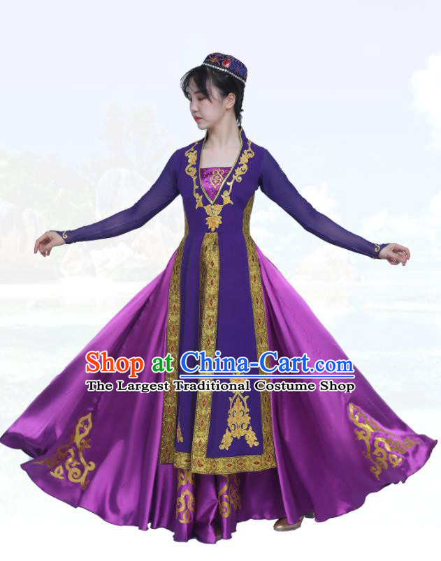 Chinese Stage Performance Garment Costumes Xinjiang Ethnic Woman Dance Outfits Uighur Minority Purple Dress Uyghur Nationality Dance Clothing