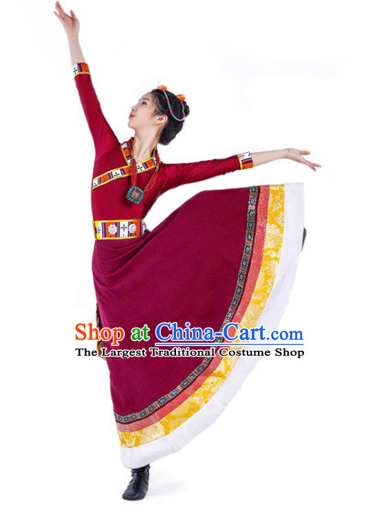 Chinese Zang Nationality Dance Clothing Stage Performance Garment Costumes Tibetan Minority Wine Red Dress Ethnic Woman Dance Outfits