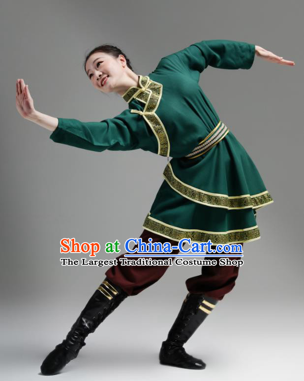 Chinese Ethnic Woman Garments Mongol Minority Performance Green Dress Outfits Mongolian Nationality Clothing Folk Dance Costume