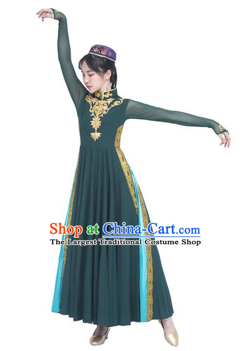 Chinese Uighur Minority Atrovirens Dress Ethnic Woman Dance Outfits Uyghur Nationality Dance Clothing Xinjiang Stage Performance Garment Costumes