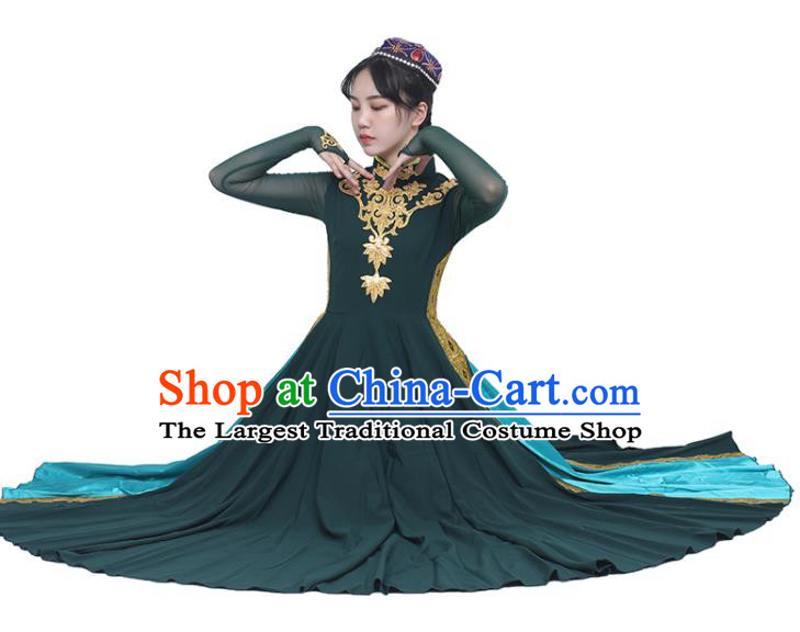 Chinese Uighur Minority Atrovirens Dress Ethnic Woman Dance Outfits Uyghur Nationality Dance Clothing Xinjiang Stage Performance Garment Costumes