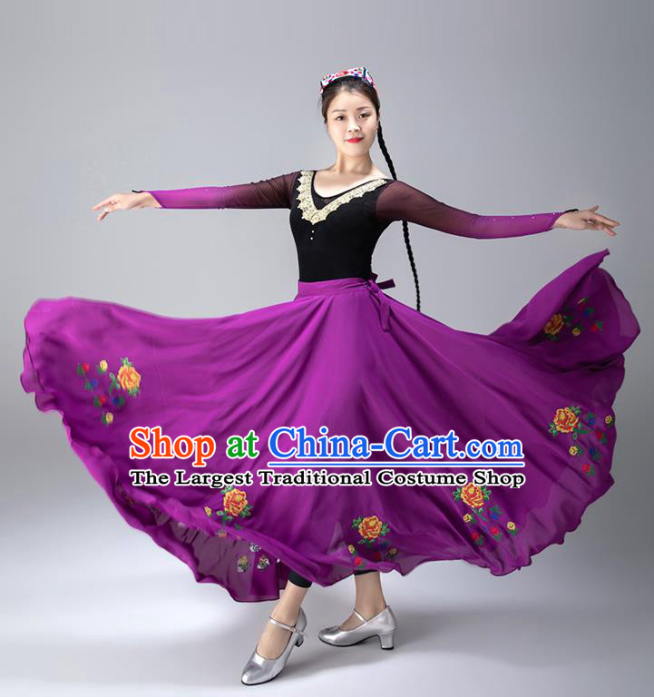 Chinese Xinjiang Stage Performance Garment Costumes Uighur Minority Purple Dress Ethnic Woman Dance Outfits Uyghur Nationality Dance Clothing