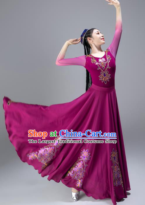 Chinese Uyghur Nationality Dance Clothing Xinjiang Performance Garments Uighur Minority Purple Dress Ethnic Woman Dance Outfits