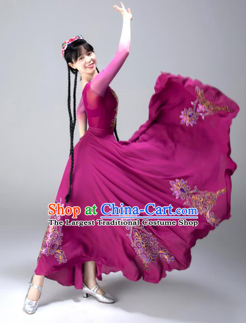 Chinese Uyghur Nationality Dance Clothing Xinjiang Performance Garments Uighur Minority Purple Dress Ethnic Woman Dance Outfits