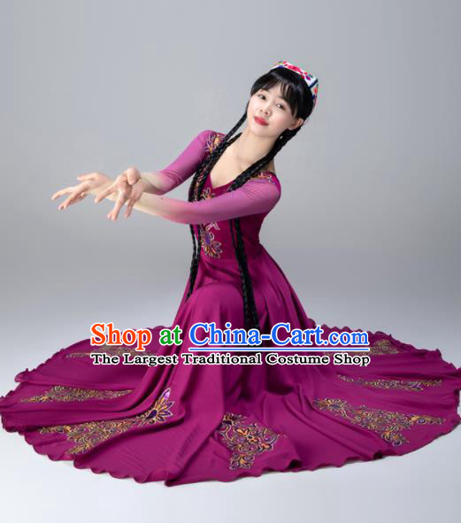 Chinese Uyghur Nationality Dance Clothing Xinjiang Performance Garments Uighur Minority Purple Dress Ethnic Woman Dance Outfits