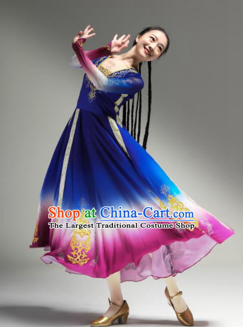 Chinese Ethnic Woman Dance Outfits Uyghur Nationality Dance Clothing Xinjiang Performance Garments Uighur Minority Blue Dress