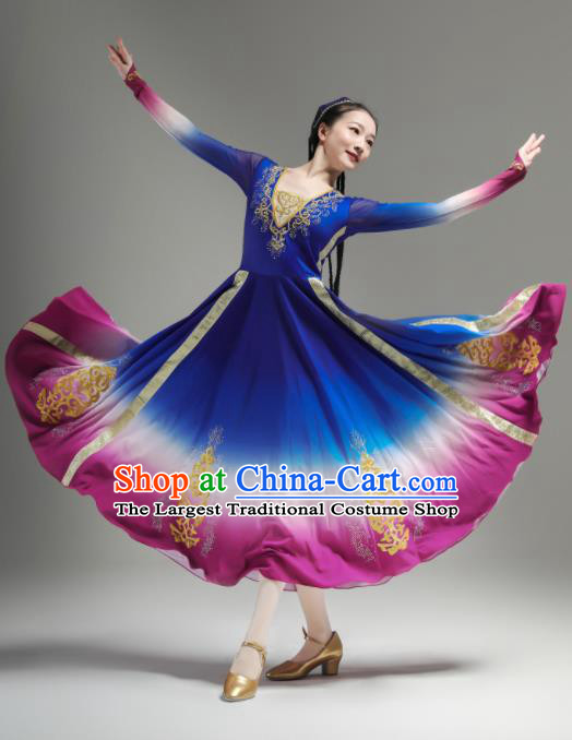 Chinese Ethnic Woman Dance Outfits Uyghur Nationality Dance Clothing Xinjiang Performance Garments Uighur Minority Blue Dress