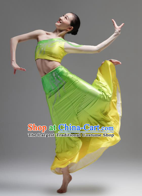 Chinese Peacock Dance Costumes Ethnic Woman Garments Dai Minority Performance Green Dress Outfits Yunnan Nationality Clothing
