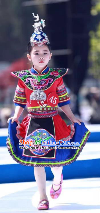 China She Nationality Folk Dance Apparels Children Performance Costumes Guangdong Minority Dance Red Dress