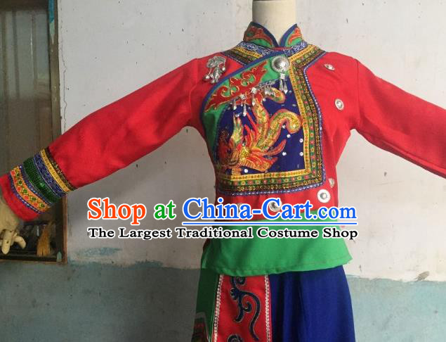 Chinese Ethnic Stage Performance Red Outfits She Nationality Folk Dance Clothing Woman Dance Garments Dong Minority Festival Dress