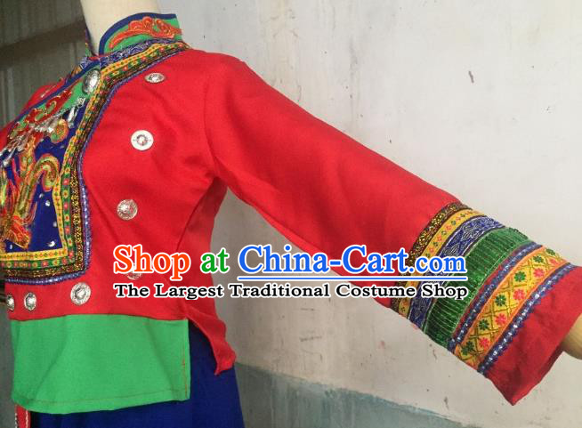 Chinese Ethnic Stage Performance Red Outfits She Nationality Folk Dance Clothing Woman Dance Garments Dong Minority Festival Dress