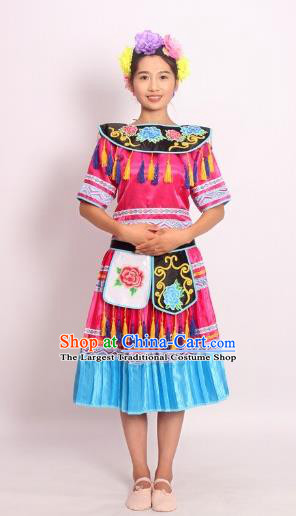 Chinese Ethnic Woman Outfits Yao Nationality Clothing Hmong Festival Dance Garments Dong Minority Folk Dance Rosy Dress