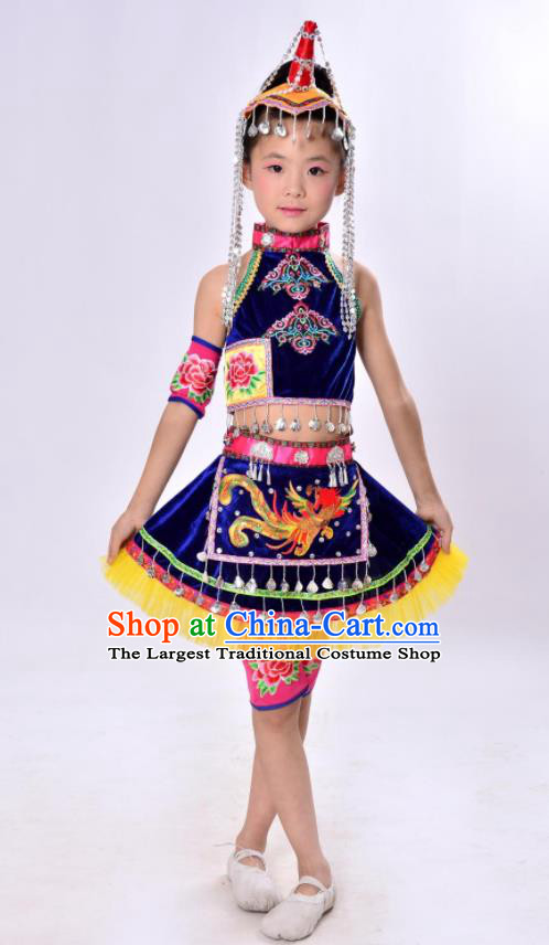 China Children Performance Costumes Guangdong Minority Kids Dance Blue Dress Uniforms She Nationality Girl Folk Dance Apparels