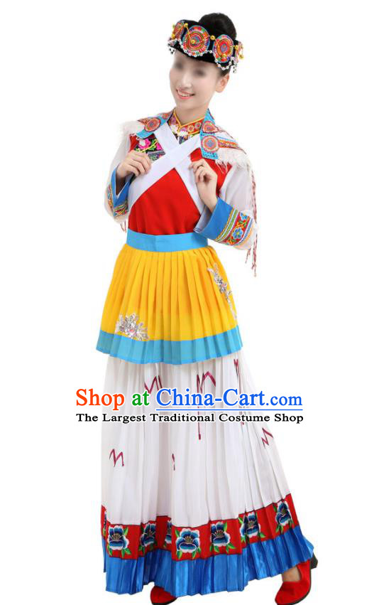 Chinese Yunnan Festival Dance Garments Bai Minority Folk Dance Dress Ethnic Woman Outfits Naxi Nationality Clothing
