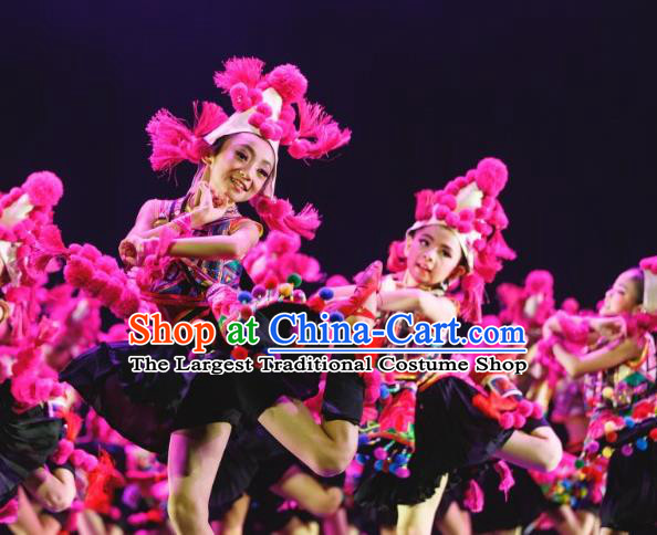China Sichuan Minority Kids Dance Dress Yi Nationality Folk Dance Apparels Children Performance Costumes