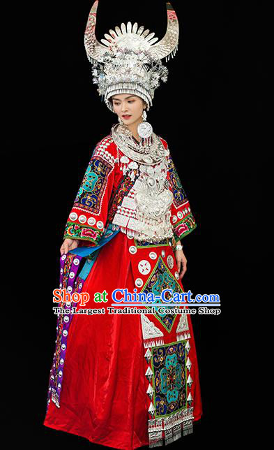 Chinese Ethnic Wedding Outfits Miao Nationality Bride Clothing Guizhou Festival Dance Garments Dong Minority Folk Dance Red Dress and Headdress