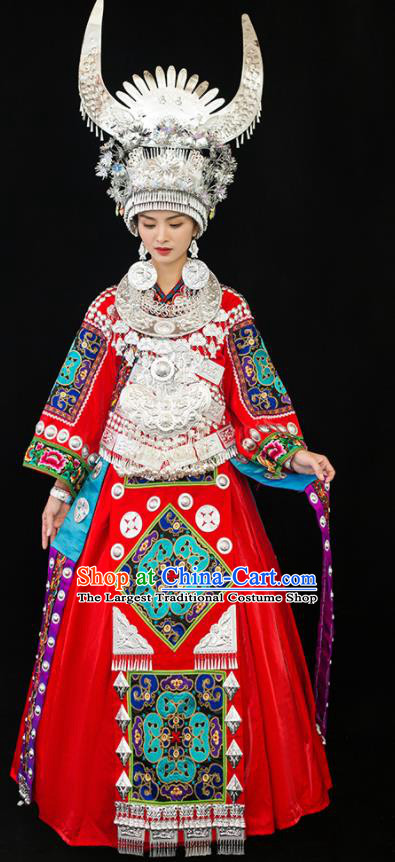 Chinese Ethnic Wedding Outfits Miao Nationality Bride Clothing Guizhou Festival Dance Garments Dong Minority Folk Dance Red Dress and Headdress