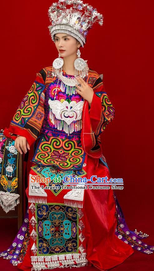 Chinese Dong Minority Folk Dance Red Dress Ethnic Wedding Outfits Miao Nationality Bride Clothing Guizhou Festival Dance Garments and Headpieces