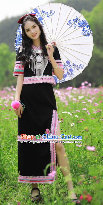Chinese Guangxi Festival Dance Garments Yao Minority Folk Dance Black Dress Ethnic Dance Outfits Miao Nationality Woman Clothing