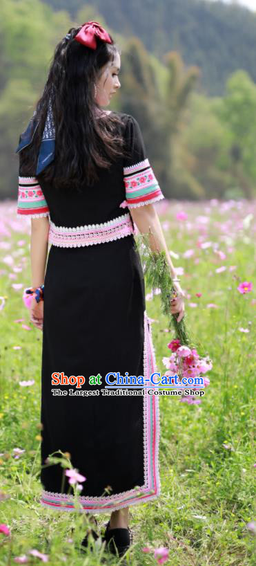 Chinese Guangxi Festival Dance Garments Yao Minority Folk Dance Black Dress Ethnic Dance Outfits Miao Nationality Woman Clothing